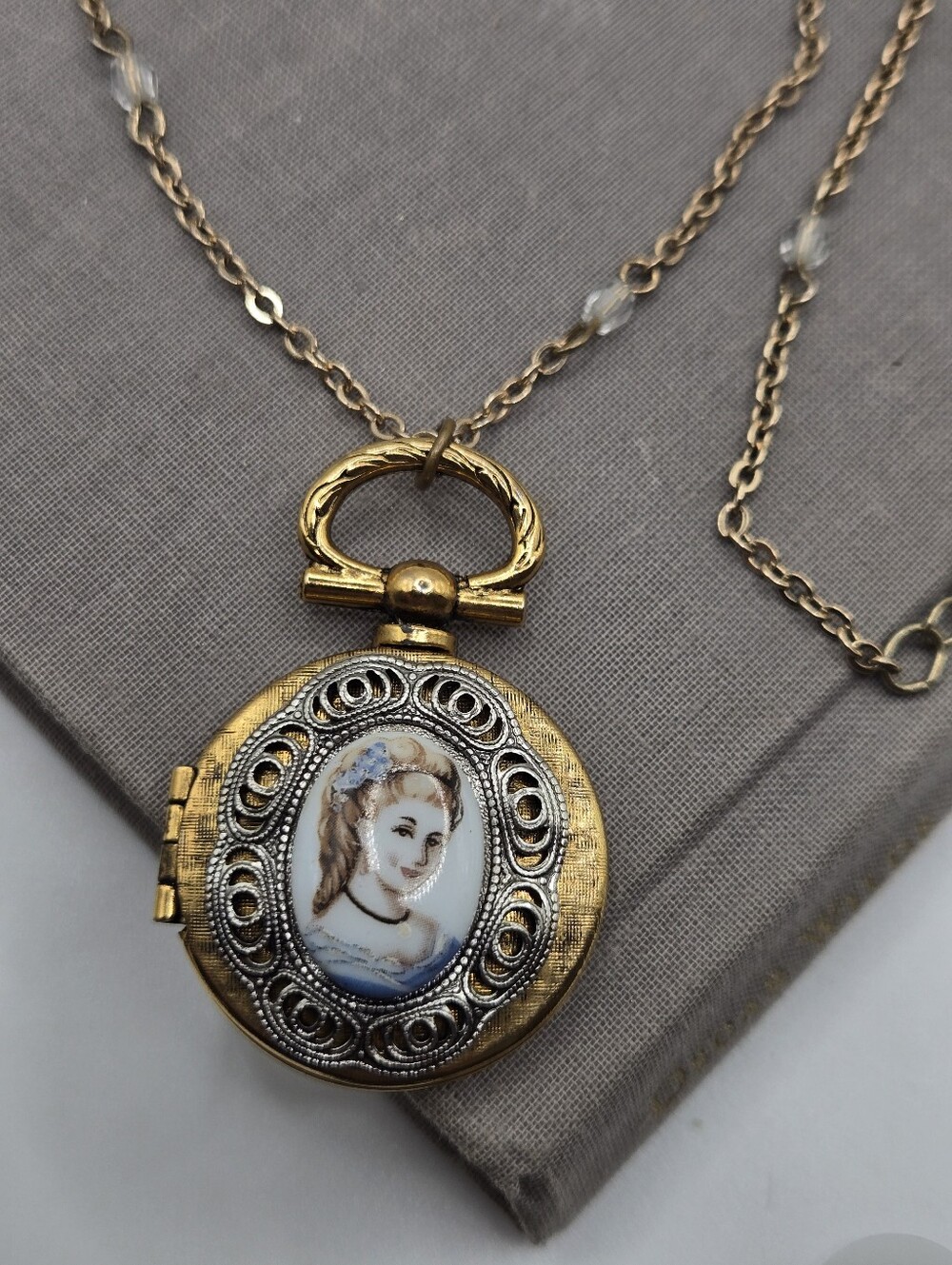 Mid Century Gold Pocket Locket Necklace Victorian Revival Cameo Cabochon Locket
